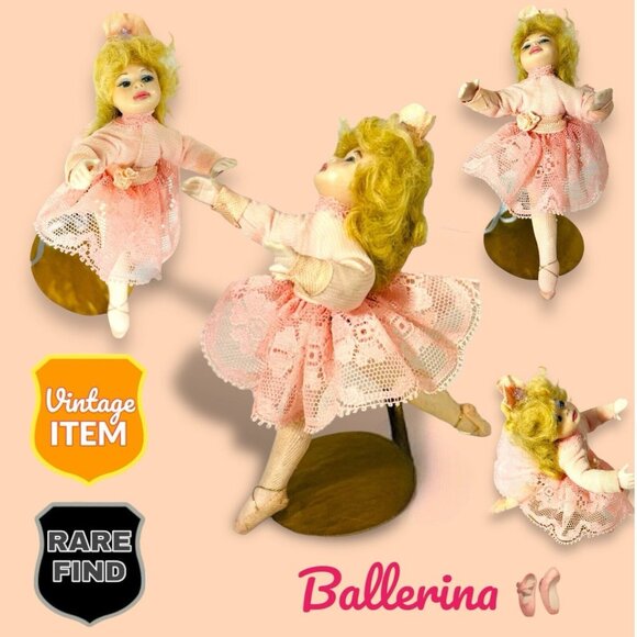 Vintage Porcelain Cloth Plush Ballerina Doll Figurine With Display Stand. RARE! - Picture 1 of 12